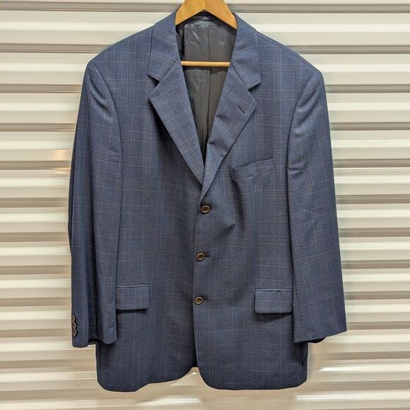 Cavelli Size 44L Blue Plaid 100% Wool Blazer - Christopher's Couture - Picture 1 of 9